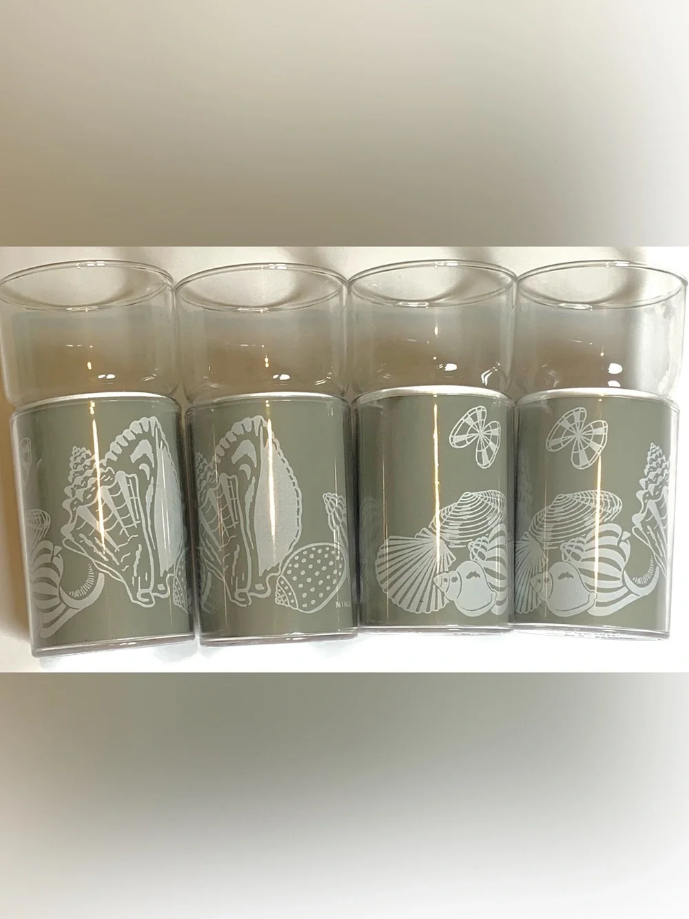 Vintage Kraftware Seashell Tumblers Set of 4 Gray Coastal Nautical MCM Barware